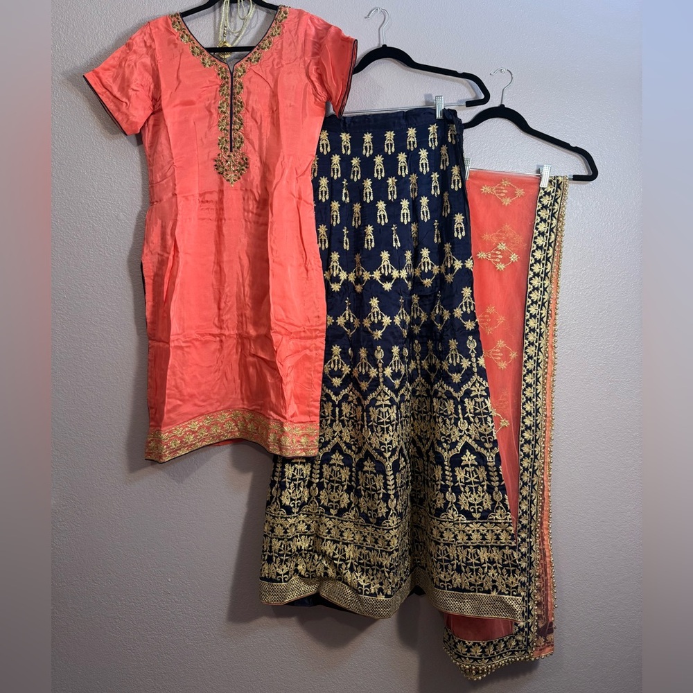 Coral and Navy Embroidered Indian Punjabi Lehenga